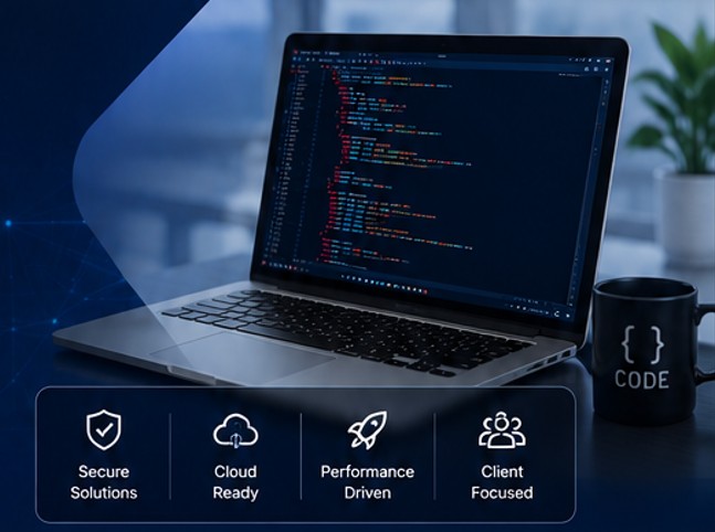 Web development on a laptop, with icons for secure solutions, cloud ready, performance driven and client focused